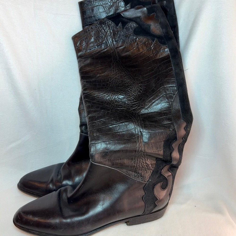 Charles David Black Leather Croc Embossed Suede Flame Tall Boots Italy Womens 8B
